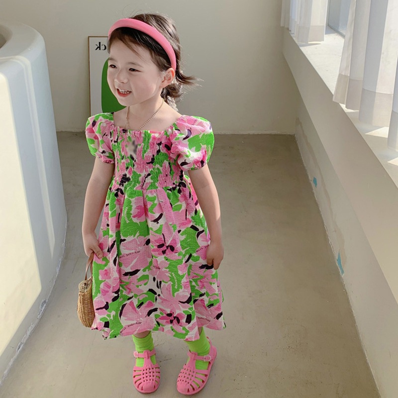 Đầm Bé Gái Đầm Tay Ngắn Cổ Vuông In Hoa Thời Trang Mùa Hè Dành Cho Bé Gái Se7en