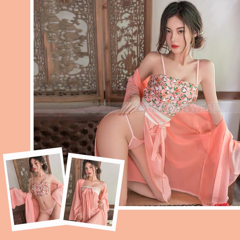 Váy Ngủ cổ trang áo yếm phối quần váy áo choàng sexy PT NIGHTWEAR kèm quần lót lọt khe gợi cảm PT76