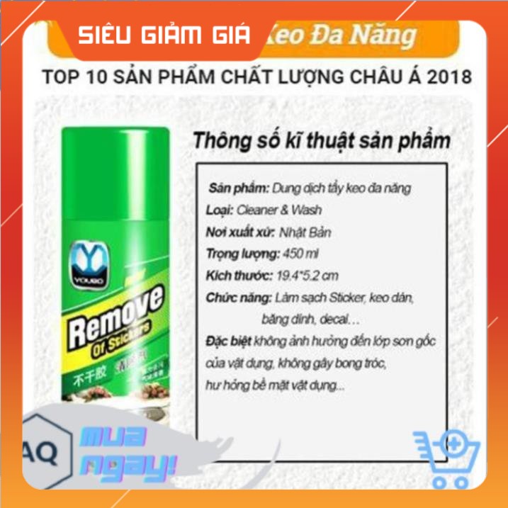 Chai Xịt Tẩy Keo, Nhưa Đường, Băng Dính, Vết Bám Khó Rửa Trên Xe Máy, Ô Tô Remove of sticker 450ml - BX