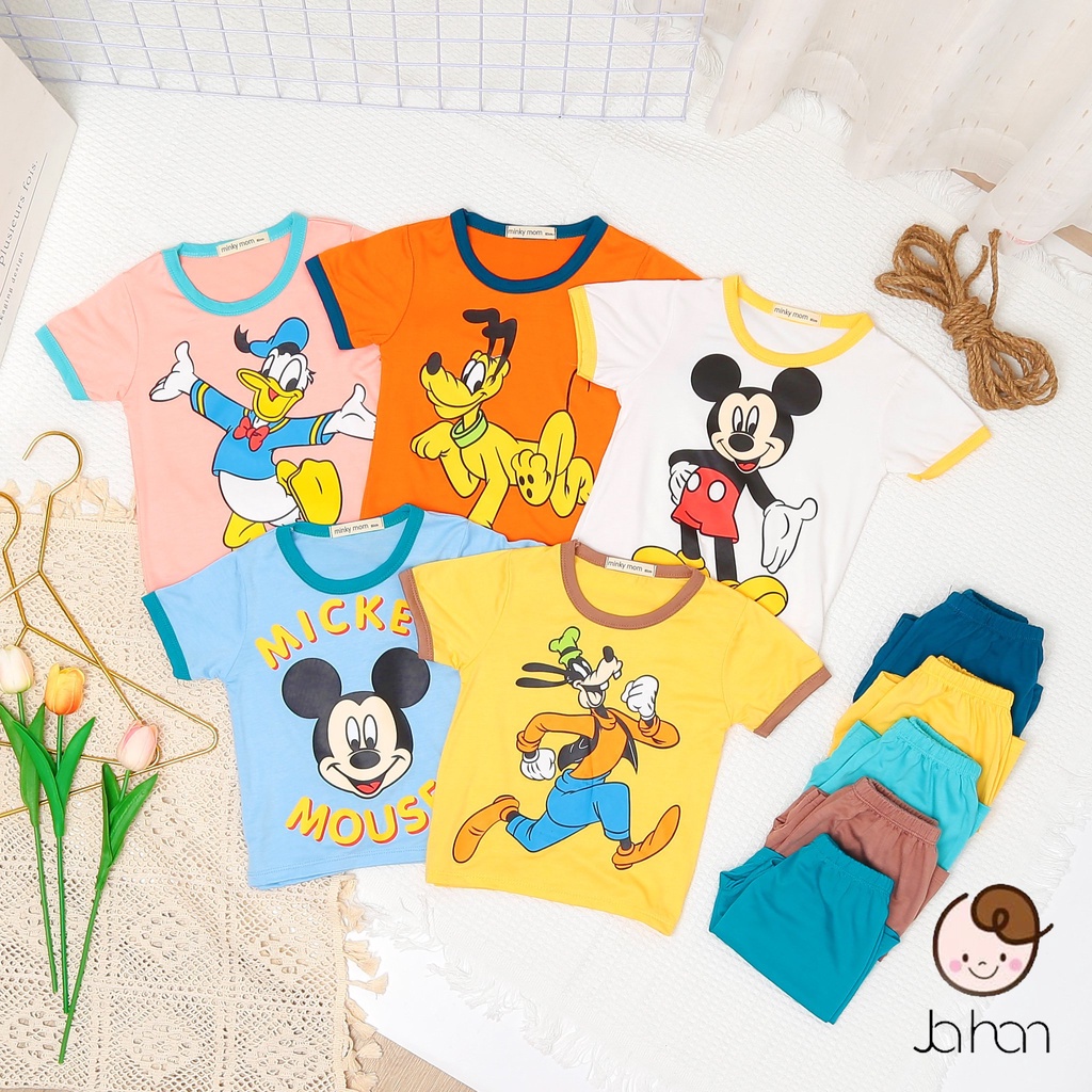 [SALE] Bộ Quần Áo Bé Gái, Bé Trai Minky Mom Vải Thun Lạnh  Hoạt Hình Mickey Cổ Viền, Bộ Cộc Tay Cho Bé Mặc Nhà MKM2217