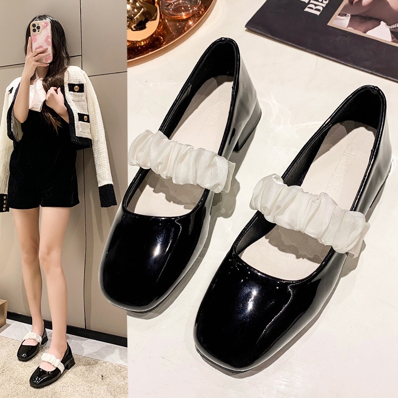 (HÀNG CÓ SẴN) Giày cao gót da bóng mũi tròn quai ngang nhún bèo BIG SIZE 40-43