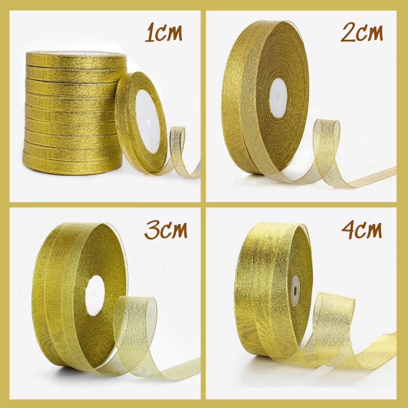[Cuộn 22m] Dây Ruy Băng Nhũ Kim Tuyến, 2 Màu Vàng &amp; Bạc, Bản 1cm/2cm/3cm/4cm, Gói Quà - Gói Hoa