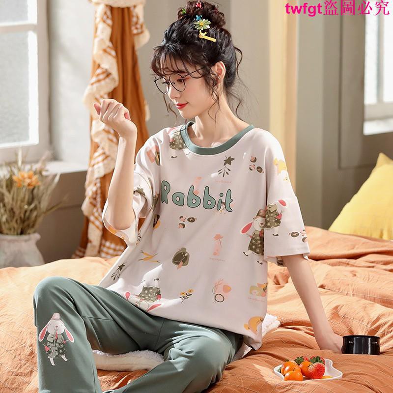 Bộ Đồ Ngủ Tay Ngắn Vải Cotton Mỏng Cỡ Lớn Thiết Kế Dễ Thương Cho Nữ