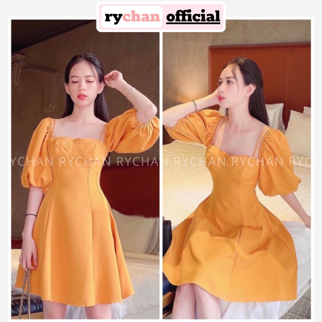 Đầm Nữ Dự Tiệc Form Ngắn Cổ Vuông Tay Phồng Chun Phối Dây Chiết Eo Màu Vàng [ẢNH THẬT CUỐI] - DX9843