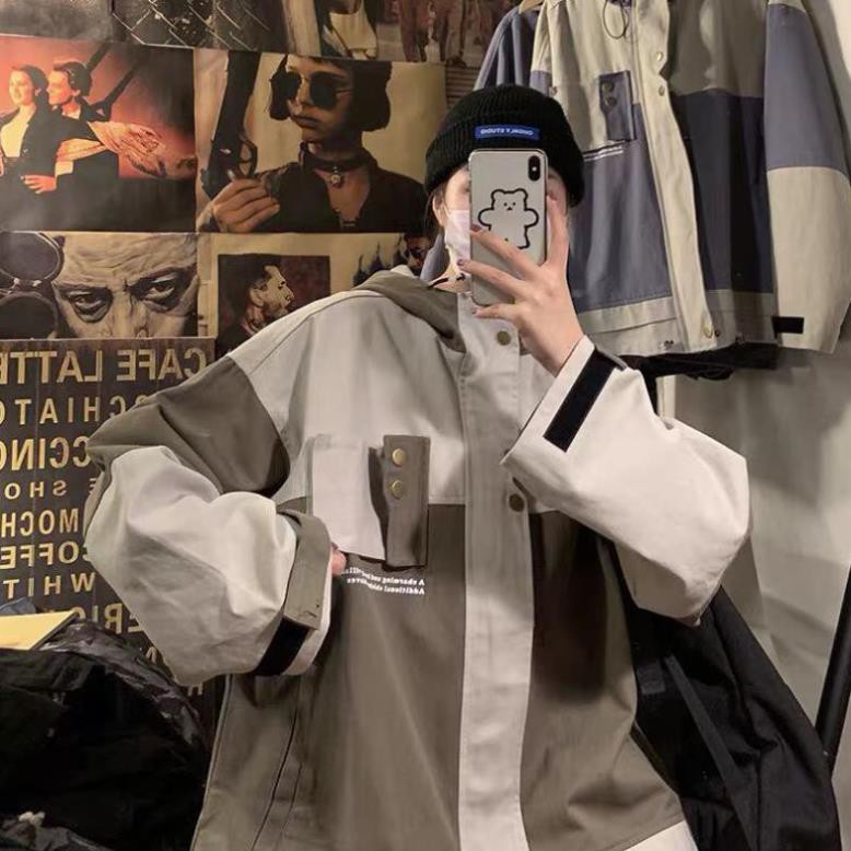 Áo khoác kaki túi hộp unisex form rộng Túi Ngang Nút nam nữ phong cách ngầu của năm