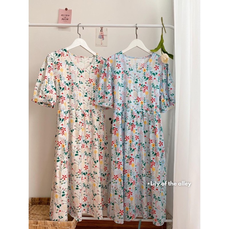Váy maxi hoa cổ V nơ eo (ib chọn màu )