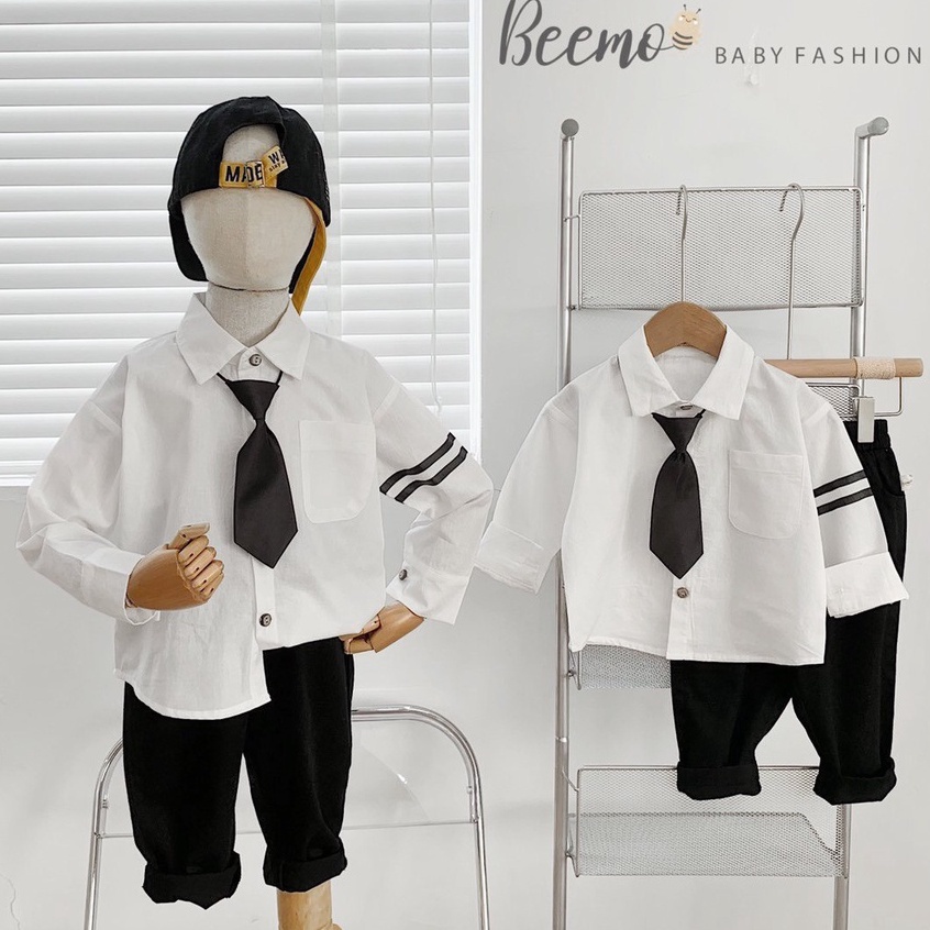 Bộ sơ mi bé trai Beemo kèm cavat sành điệu, set bộ bé trai 3 chi tiết chất liệu áo sơ mi thô dài tay quần kaki cao cấp