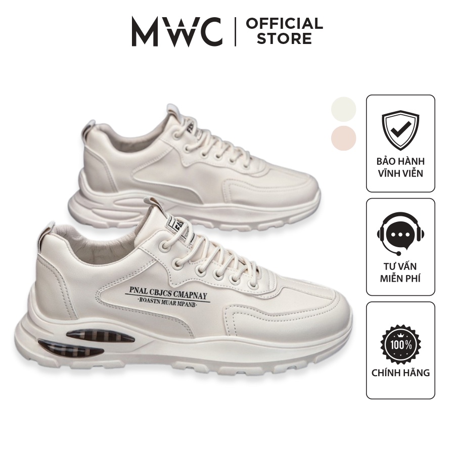 Giày MWC 5345 - Giày Thể Thao Nam, Sneaker Da Trơn Thiết Kế In Chữ Đế Độn Cá Tính Trắng Kem