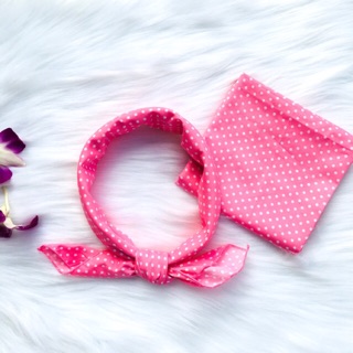 Khăn turban vuông cotton chấm bi hồng