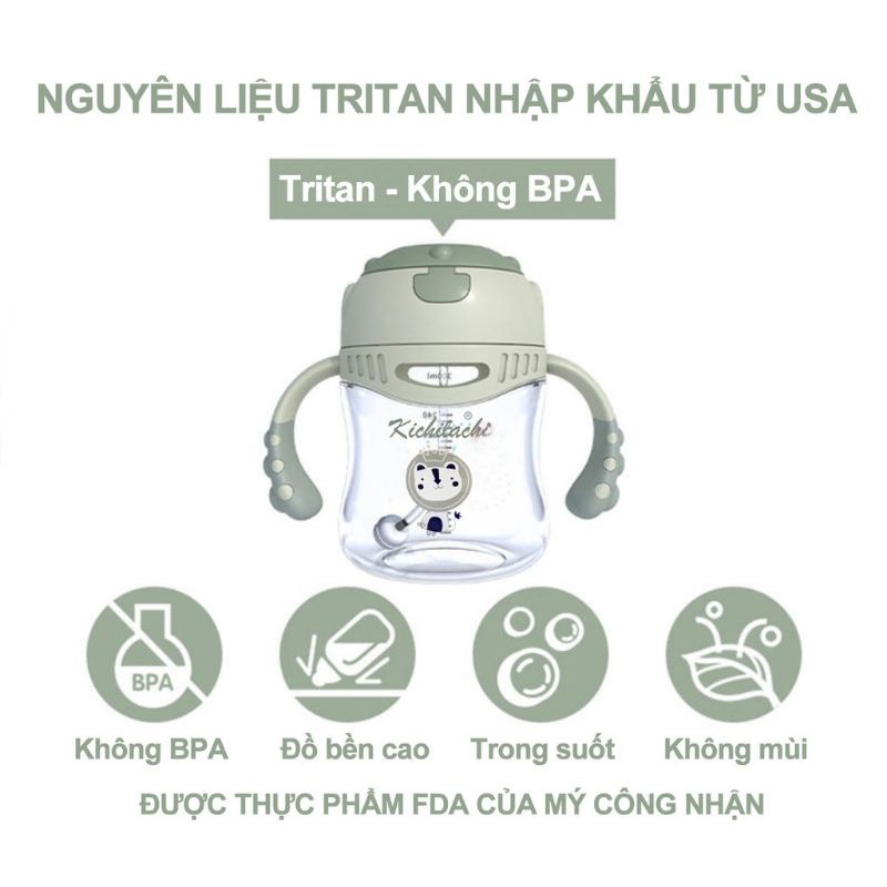 Bình nước cho bé, bình tập hút kichilachi loại lớn 300ml, giúp bé tập hút tốt hơn với van chống sặc, nhựa tritan an toàn