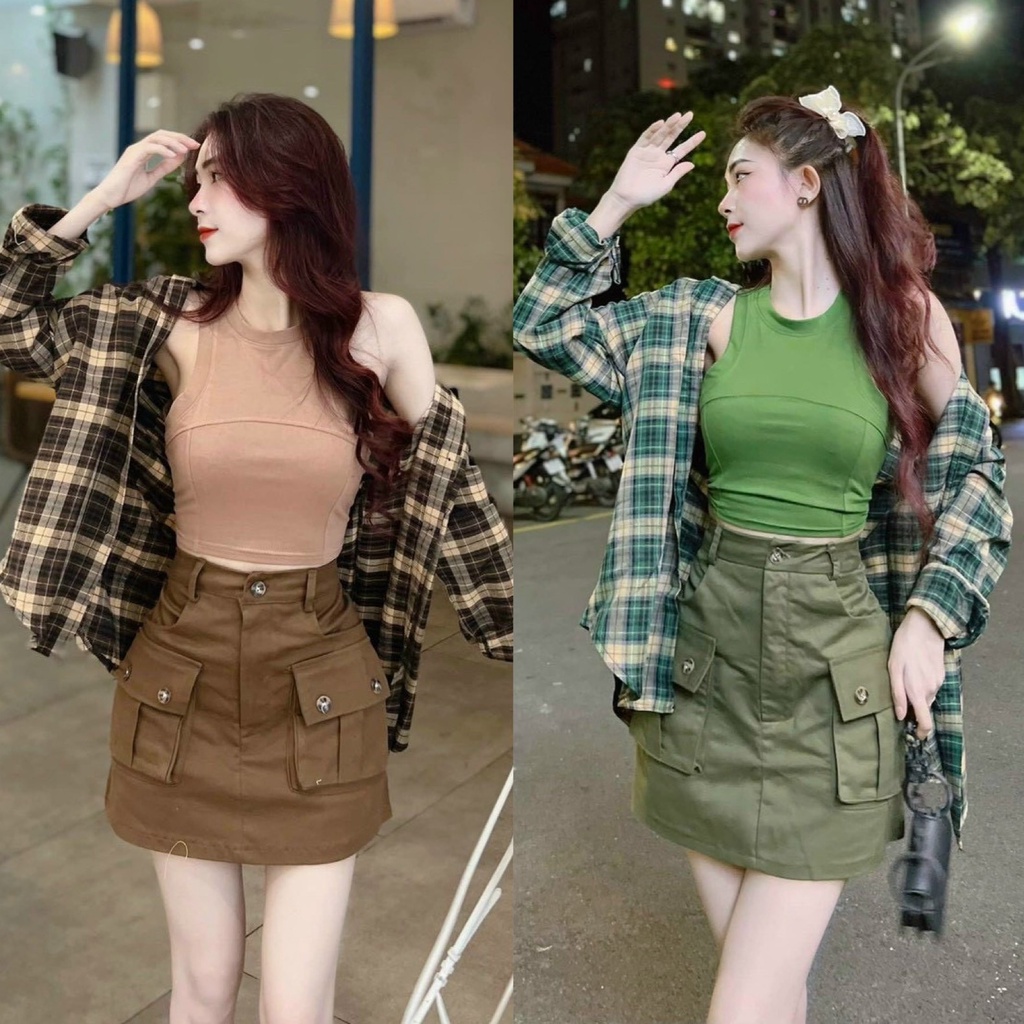 GKM_FREESHIP Sét váy nữ 3 món áo ba lỗ croptop mix chân váy chữ A cá tính phối kèm áo khoác phong cách thời trang trẻ DS
