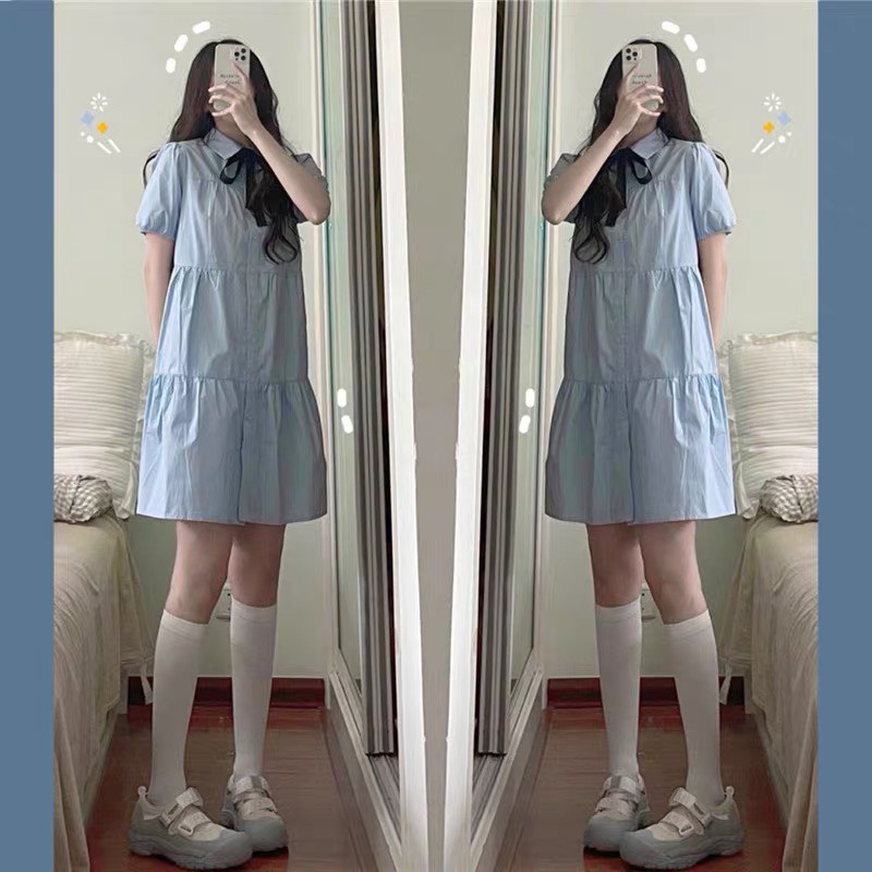Đầm Babydoll Váy Trắng sơ mi ulzzang kèm nơ đi biển dài xếp ly suông đẹp nữ dài qua gối thiết kế đuôi cá Kozoda D8