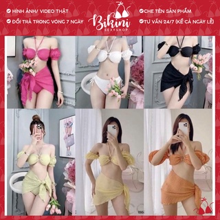 Bikini 3 chi tiết đi biển khuy ngực gợi cảm kèm khăn freesize biki25