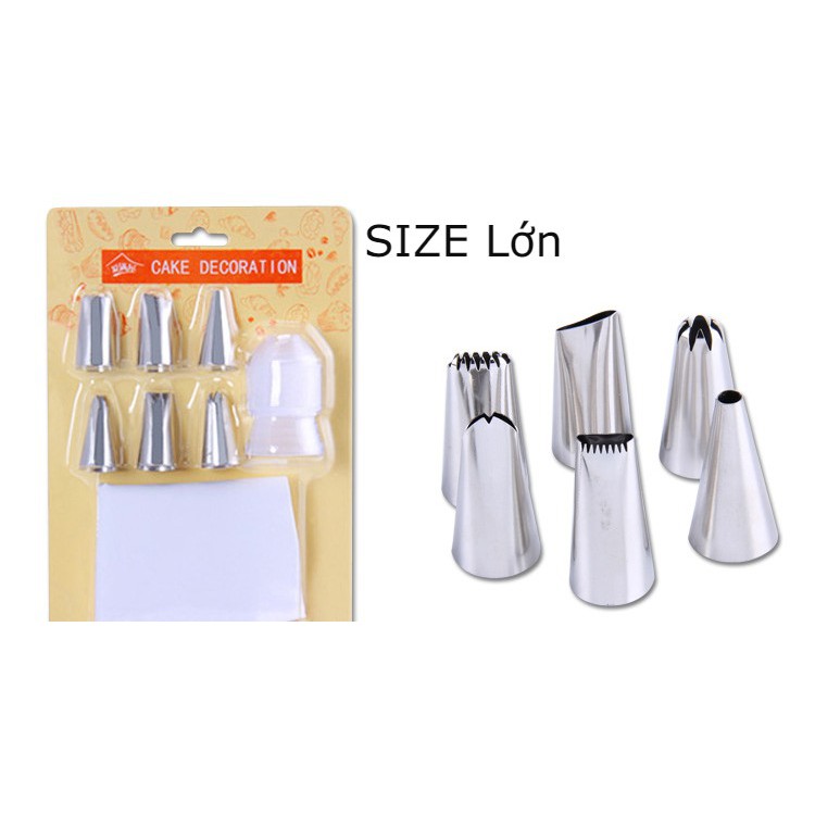 6 Đui bắt kem INOX, gồm đui nối và túi bắt bông, size lớn, size nhỏ