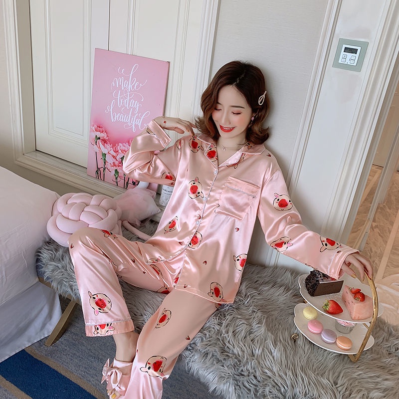 Set đồ ngủ dài tay vải lụa lạnh mỏng nhẹ in họa tiết thời trang xuân thu dễ thương cho nữ