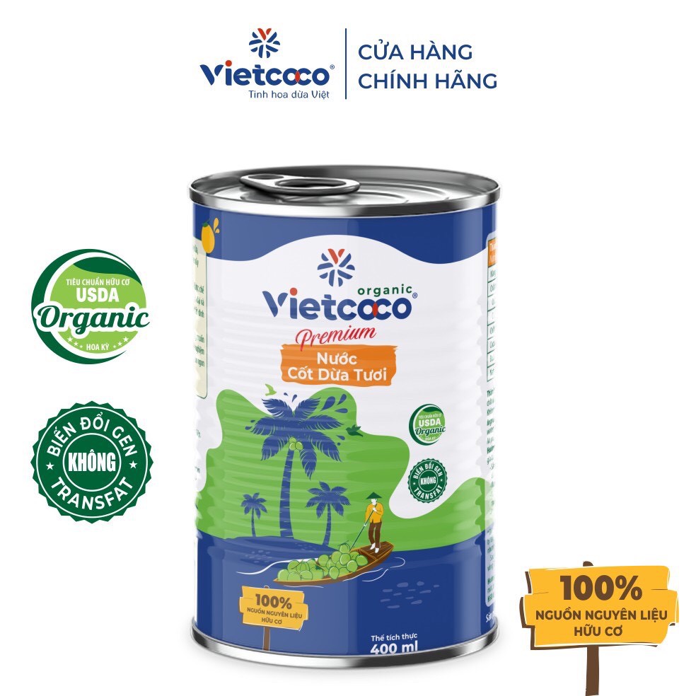 COMBO 2 LON Nước cốt dừa tươi ORGANIC Vietcoco - Lon 400ml