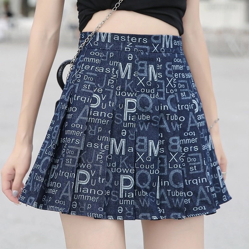 Chân váy xếp ly họa tiết chữ, chân váy tennis chất jean dày dặn [Quảng Châu cao cấp]