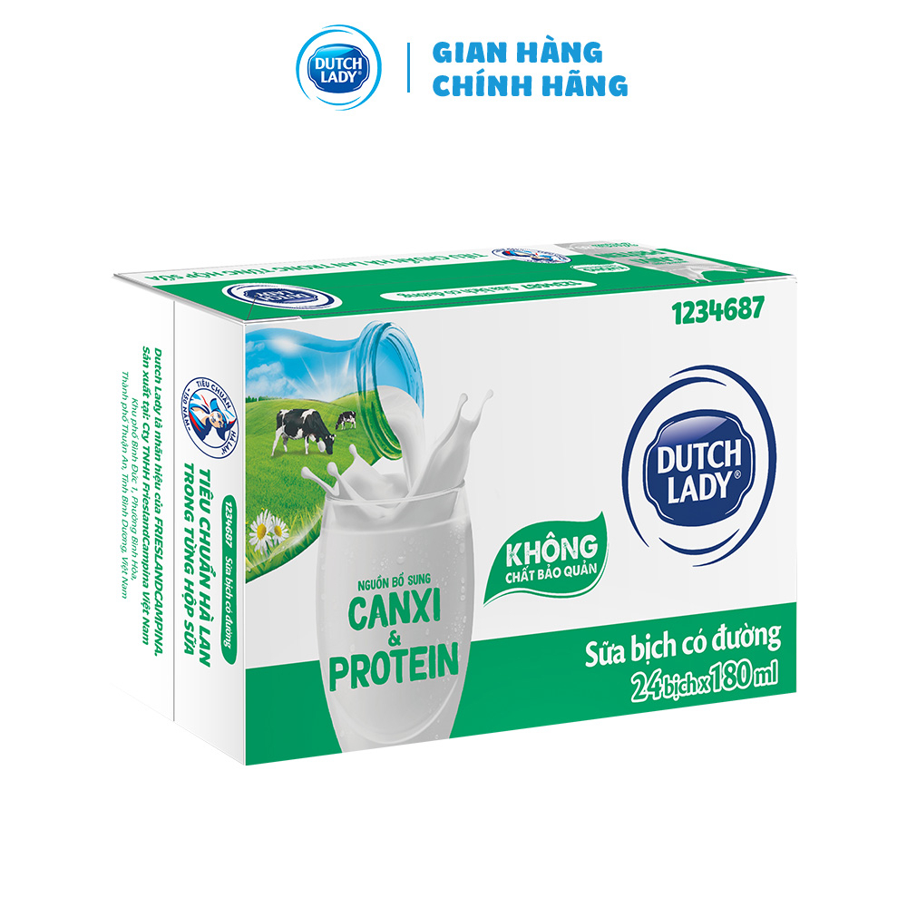 Thùng 24 Bịch Sữa Tươi Tiệt Trùng Có Đường Dutch Lady Canxi & Protein 180ml (24x180ml)