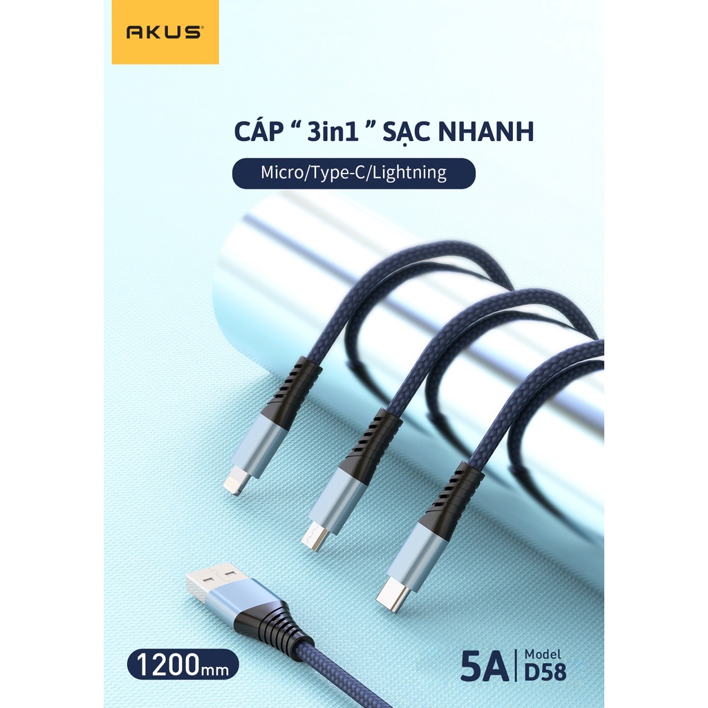 Dây cáp sạc 3 đầu AKUS-D58 - Hàng chính hãng- BH 12 tháng