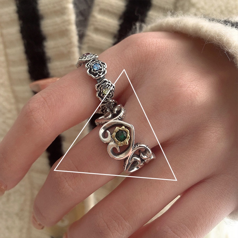 Nhẫn Bạc Thái Đính Đá Zircon Hình Hoa Hồng Trái Tim Màu Sắc Tùy Chỉnh Sáng Tạo Dành Cho Nữ