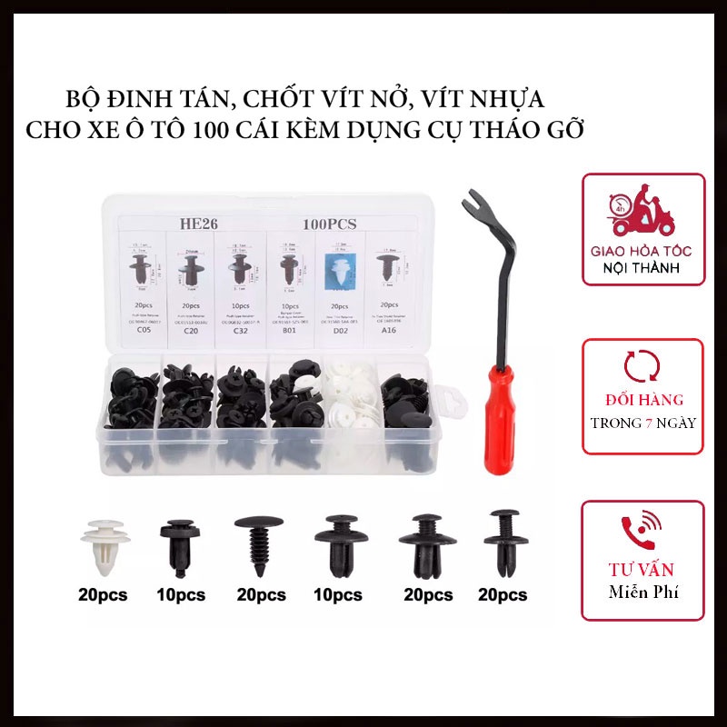 Bộ 100 Loại Ốc Chốt Và Nở Nhựa Cho Ô Tô, Xe Máy Kèm Dụng Cụ - CARZONE