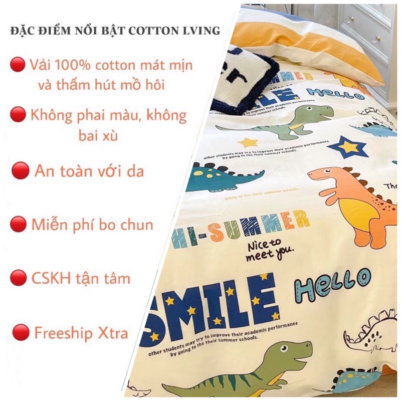 Bộ Chăn Ga Gối ❤️ Cotton living 100% cao cấp đủ size đệm ga giường họa tiết đáng yêu cho bé phong cách Hàn Quốc