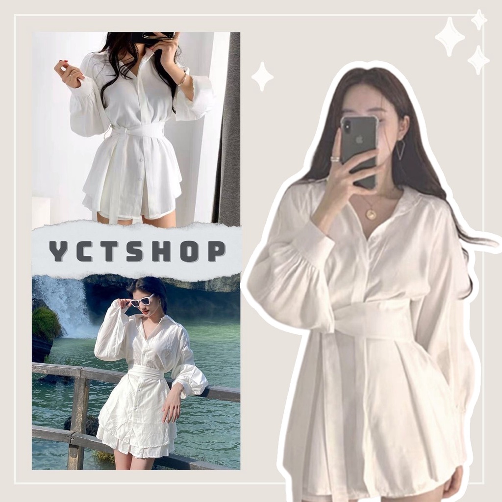 Sét váy nữ chân váy áo sơ mi kèm đai buộc thắt eo chất liệu đũi mã 000044 YCTSHOP Mã 02