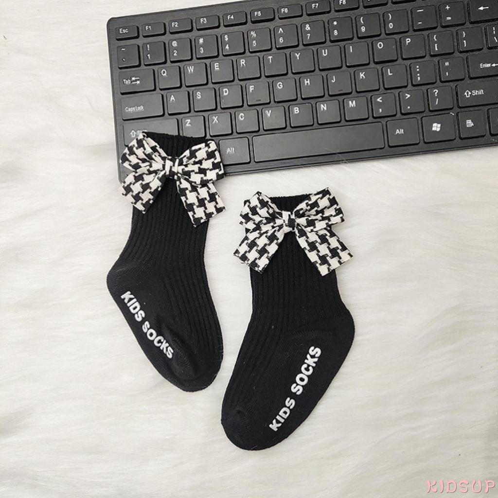 KIDSUP-Little Girl’s Autumn and Winter Socks Fresh Plaid Bow Calf Length Cotton Warm Stockings 0-3 Years