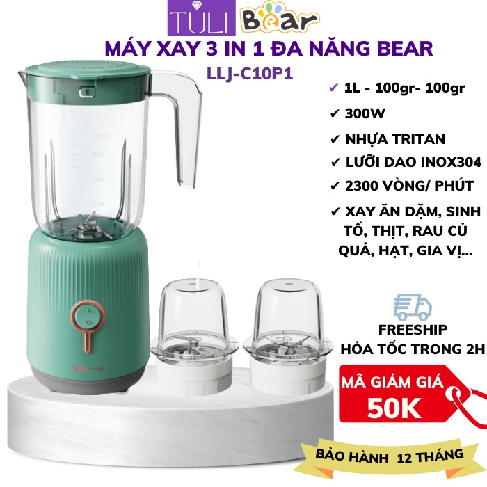 Máy xay sinh tố mini đa năng ăn dặm cho bé Bear 3 cối BL-B10V2 (Quốc tế), xay thực phẩm, trái cây, thịt, cá, BH 18tháng