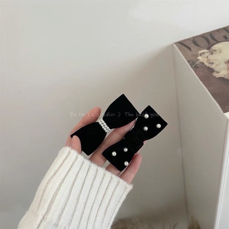 Kẹp tóc hình nơ đính hạt trai phong cách Hàn Quốc, phụ kiện tóc nữ đáng yêu