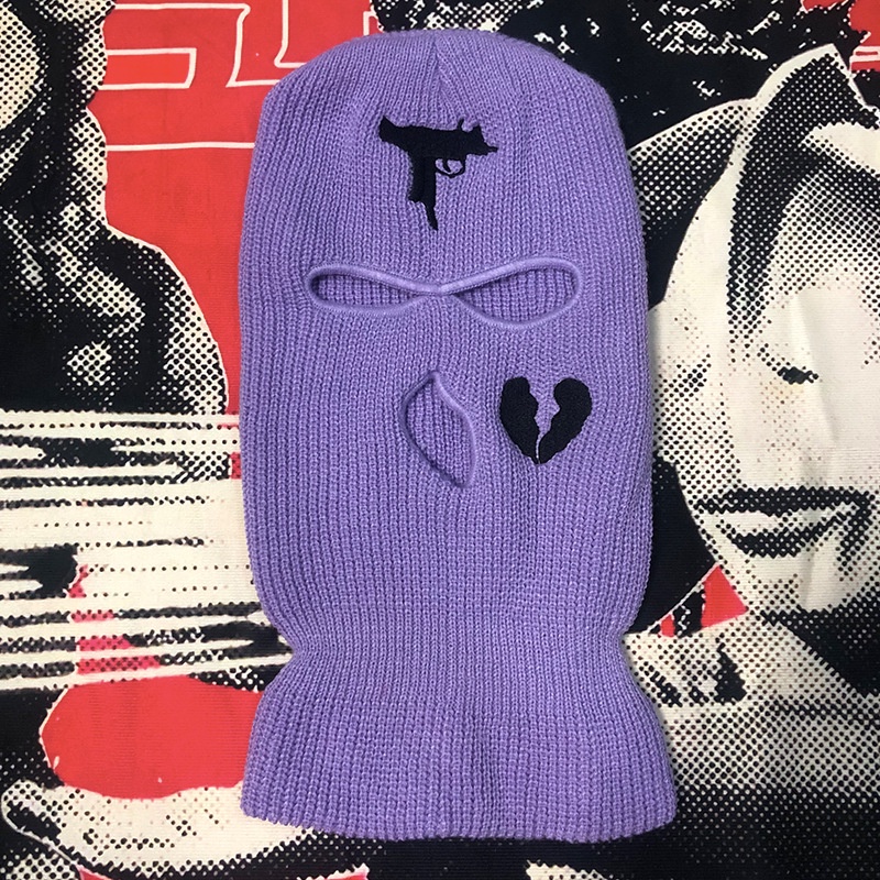Mũ dệt kim thêu hình trái tim vỡ 3 lỗ phong cách Balaclava thời trang thu đông