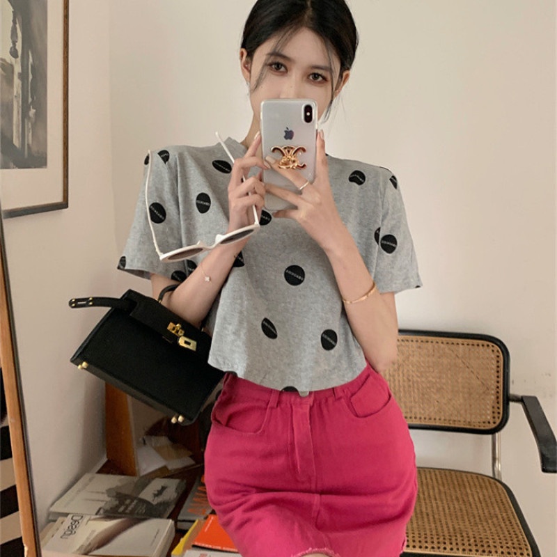 Áo Thun Tay Ngắn Hở Rốn Dáng Rộng Họa Tiết Chấm Bi Thời Trang Cho Nữ
