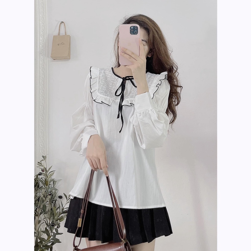 [Ảnh thật/Video] Áo sơ mi nữ viền bèo phối dây nơ xinh xắn - Hàng QC