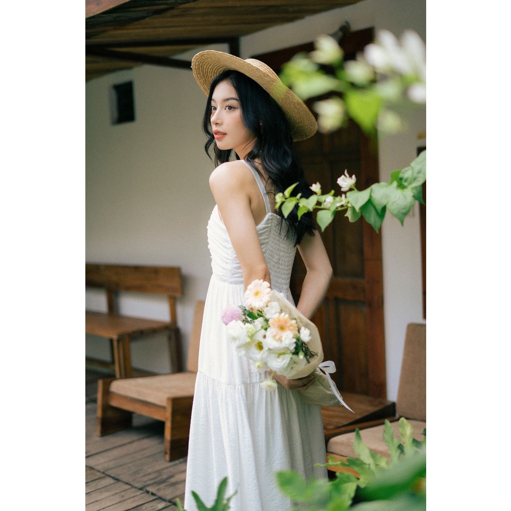 Váy 2 dây dáng dài nữ nhún ngực trắng MADELEN