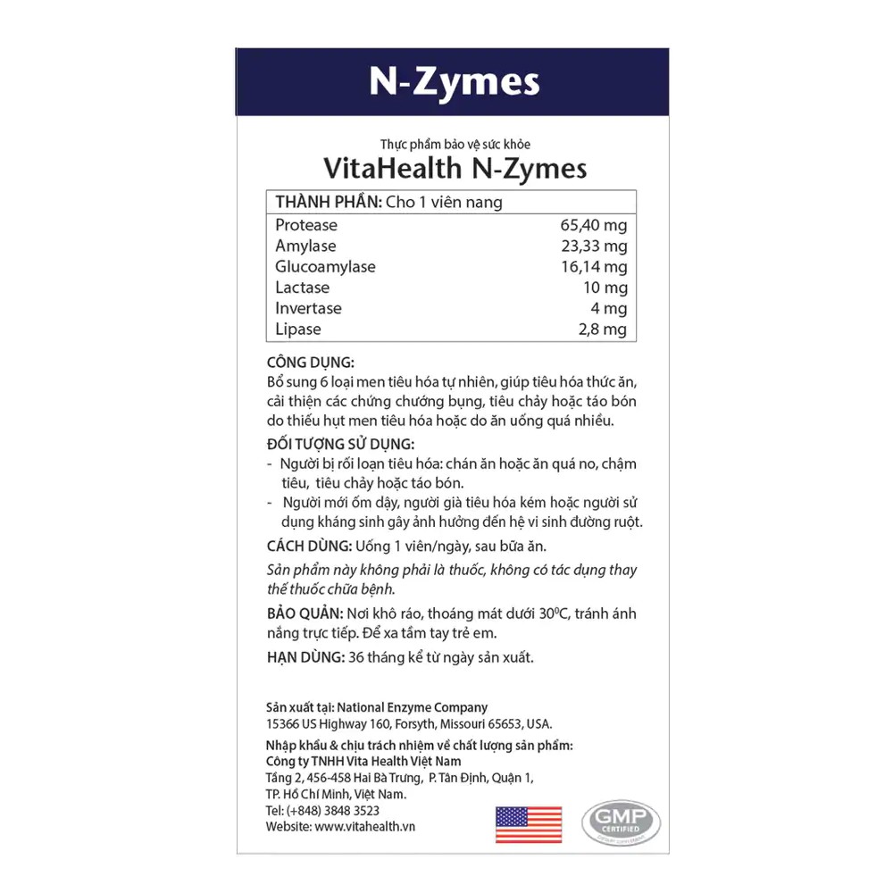 Viên Uống Hỗ Trợ Giảm Chướng Bụng, Đầy Hơi, Cải Thiện Hệ Tiêu Hóa Vitahealth N-Zymes Hộp 30 Viên