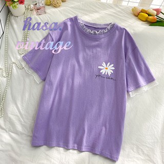 [Order]🌿 Áo thun màu tím ngắn tay in hoa cúc phối voan cổ và tay ulzzang 🔥