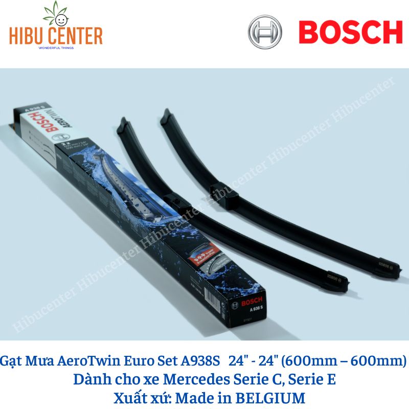 Gạt Mưa BOSCH AeroTwin Euro Set A938S Kích thước 24”/60cm – 24”/60cm | Dành cho Xe Mercedes Serie C, Serie E