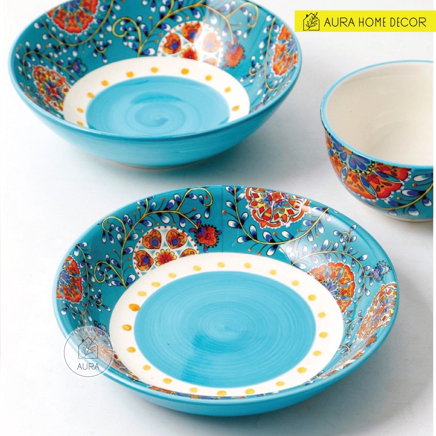 Bộ bát đĩa gốm sứ cao cấp họa tiết hoa lá rực rỡ nên xanh ngọc cực đẹp - An toàn sức khỏe