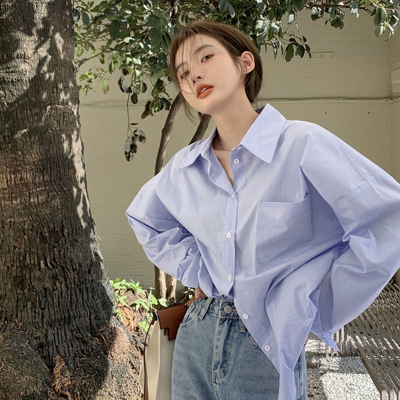 Áo Sơ Mi Nữ Dài Tay Màu Xanh Trắng Cổ Sơ Mi Thời Trang Hàn Quốc Chất Mát Mẻ Loại 1 Đủ Size Chất Mát Mịn