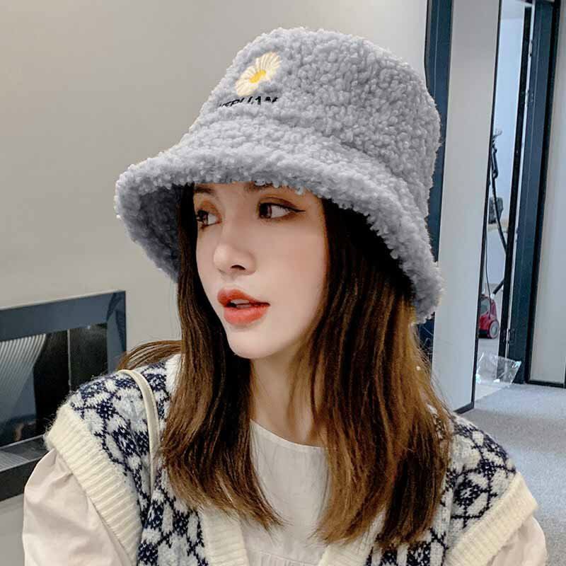 Nón Bucket Phối Lông Cừu Giữ Ấm Mùa Đông Cho Nữ/Nón Bucket Lông Cừu Len Xù Vành Tròn
