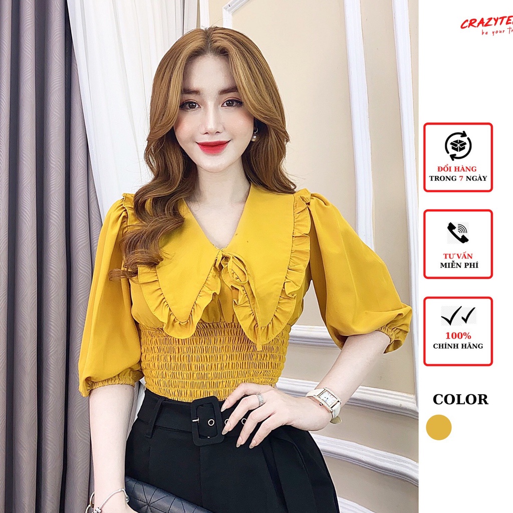 Áo kiểu tay bồng nữ CRAZYTEEn cổ nhọn viền bèo A0270
