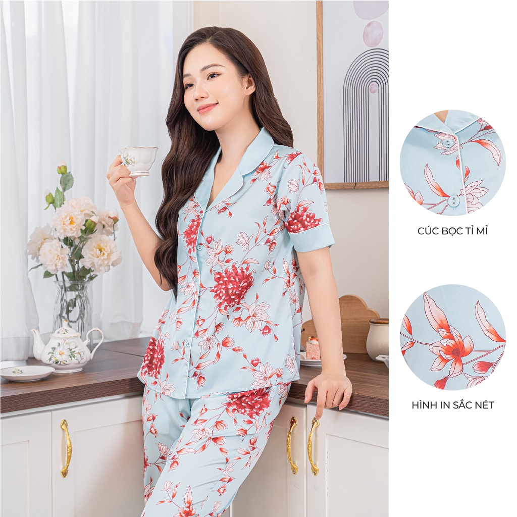 Bộ Pyjama satin ZAM Luxury CLA86 áo ngắn tay quần dài hoạ tiết