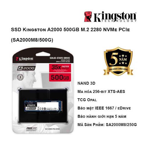 Ổ cứng SSD Kingston A2000 NVMe PCIe Gen 3.0 x4 500G - Hàng Chính Hãng