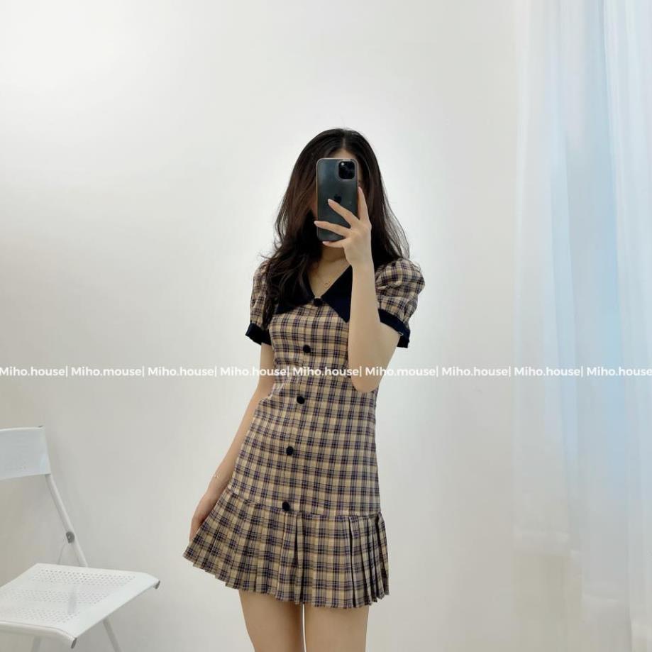 (FREESHIP)Đầm kẻ caro nâu cố sơ mi xanh than cúc dọc đen đuôi cá