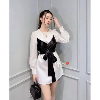 [ Có sẵn ] Áo váy sơ mi vạt lụa chiết eo [ Size M ]