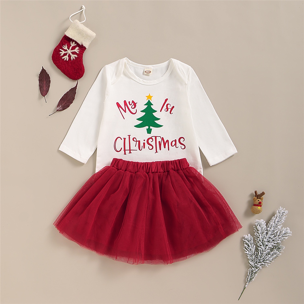 Bộ trang phục 2 món MIKRDOO gồm áo liền quần tay dài in họa tiết giáng sinh + chân váy dễ thương cho bé gái sơ sinh 1