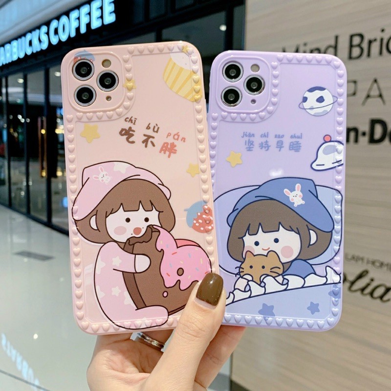 Ốp lưng viền vuông bảo vệ camera cho iPhone 6+ đến 12 Pro max in hình siêu cute dễ thương