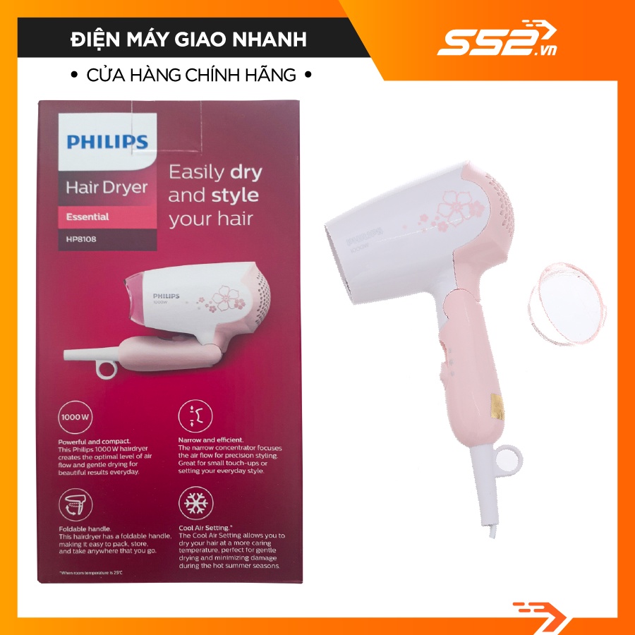 Máy Sấy Tóc Mini Philips HP810800 Máy Xấy Tóc Cầm Tay 1000W 2 Chế Độ Sấy Duy Trì Độ Ẩm Bảo Vệ Tóc - Bảo Hành Chính Hãng