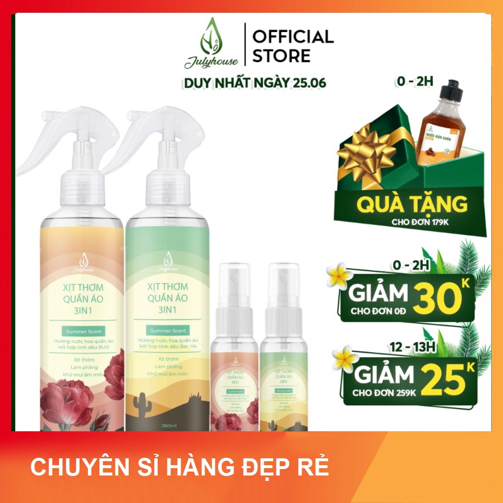 Xịt thơm quần áo Julyhouse 20ml/280ml 3in1 tinh dầu thiên nhiên dành cho Nam/Nữ