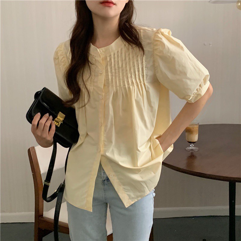 Áo kiểu Peppermint 44145 tay phồng ngắn xếp ly dáng rộng phong cách Hàn Quốc thời trang mới cho nữ